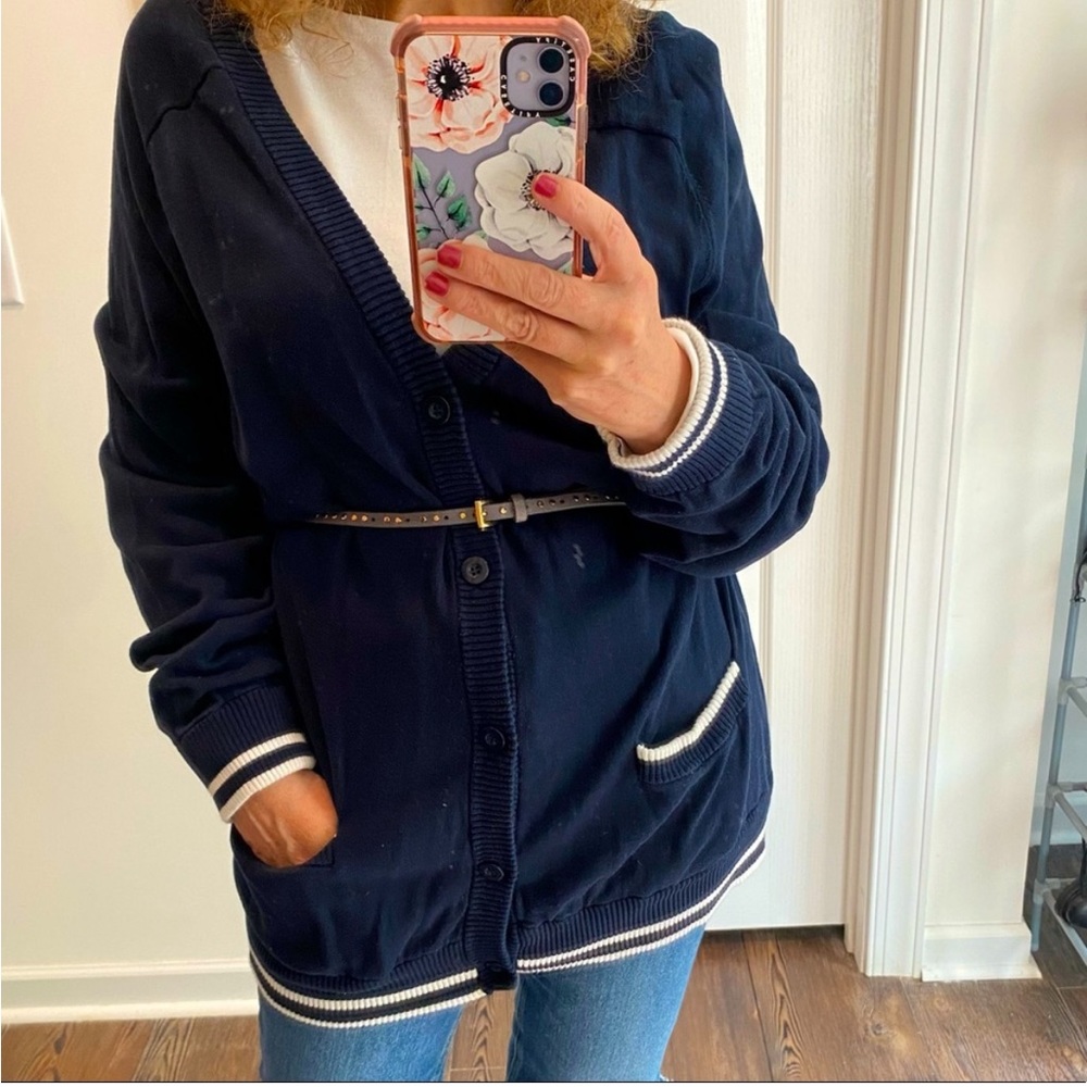 Grandpa Sweater Oversized Sweater Cardigan Navy Blue White Stripes Accents